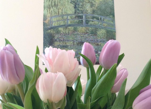 Pink and purple tulips in front of Monet lily pads print